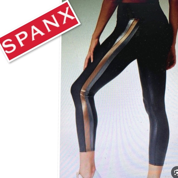 SPANX Women's Faux Leather Leggings Track Side Metallic Gold